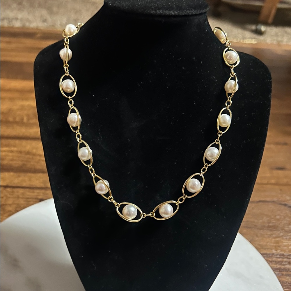 New ~. 925 Sterling Silver (14K Gold) & Pearl Cubic Zirconia Adjustable Necklace